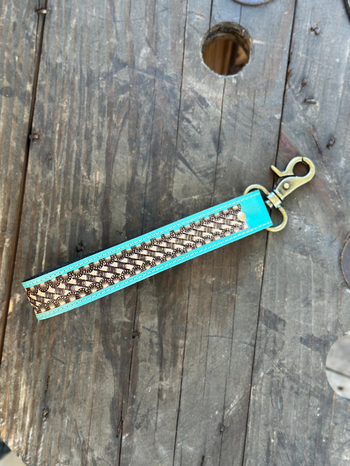 Turquoise Stamped Leather Wristlet