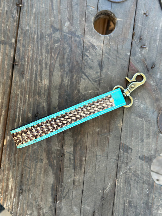 Turquoise Stamped Leather Wristlet