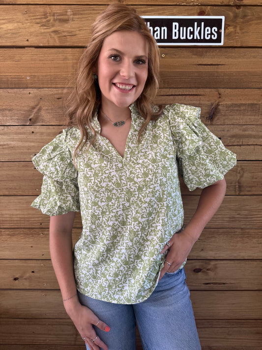 Green Floral Ruffle Collared Blouse