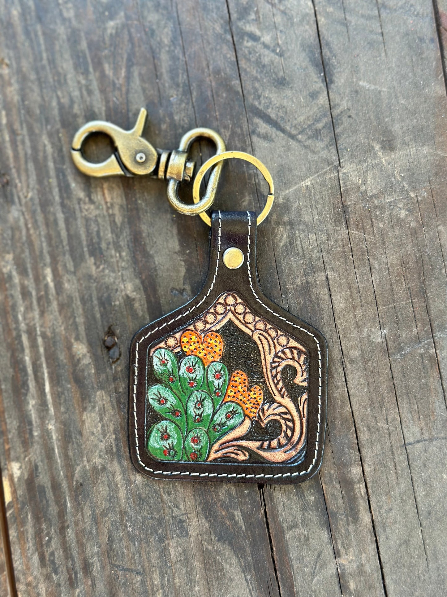 Black Cactus Leather EarTag Keychain