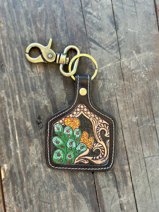 Black Cactus Leather EarTag Keychain