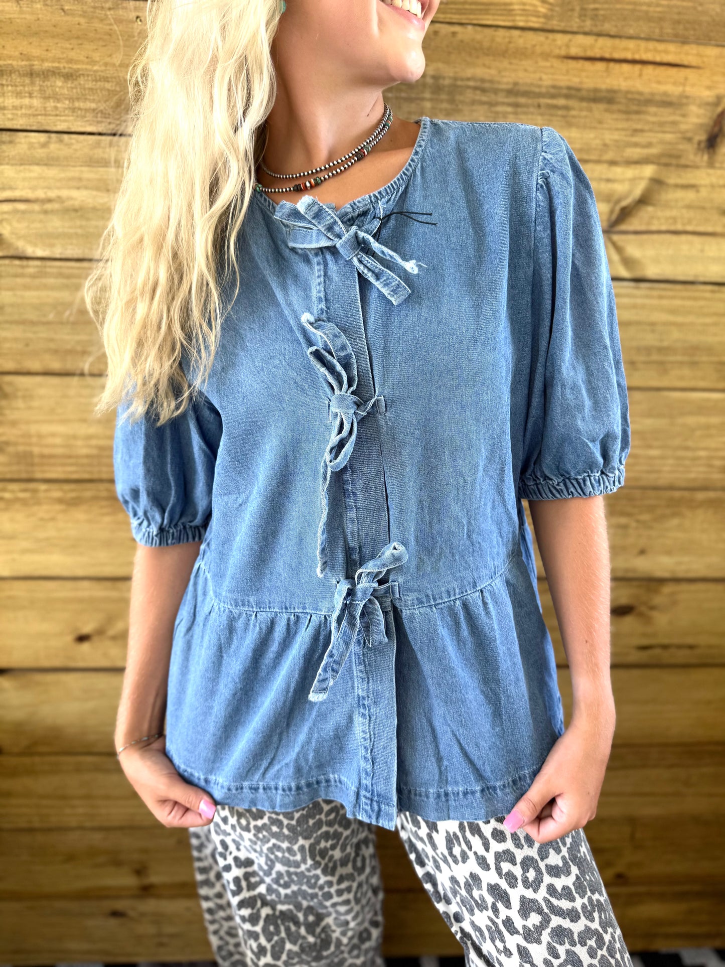 Denim Bubble Sleeve Bow Blouse