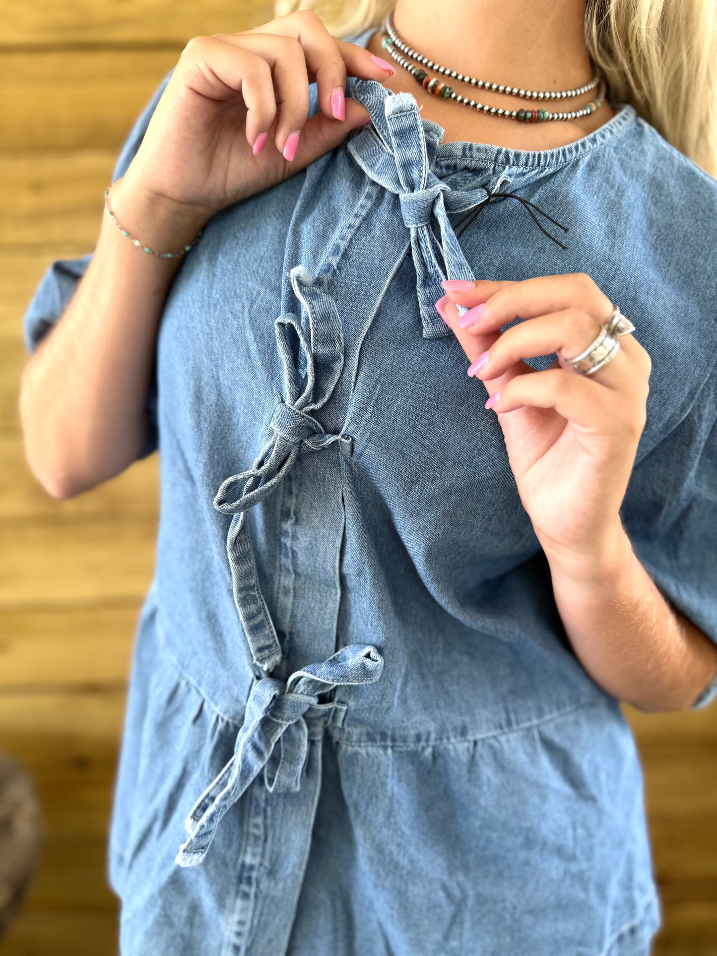 Denim Bubble Sleeve Bow Blouse