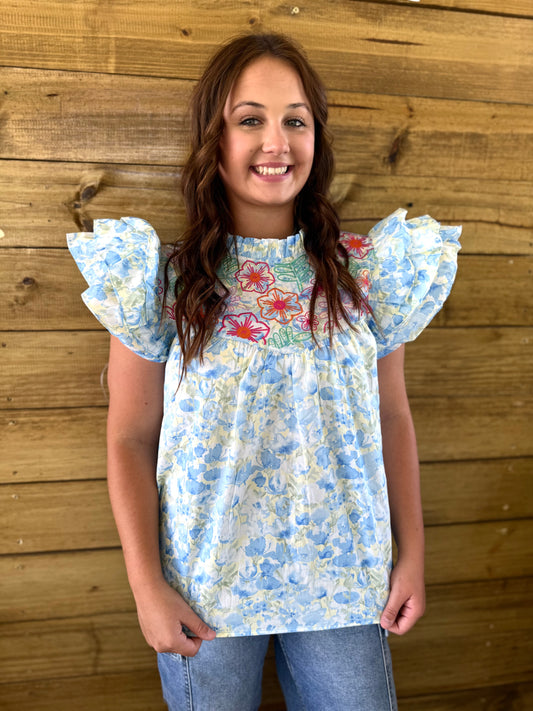 Blue Floral Ruffle Blouse