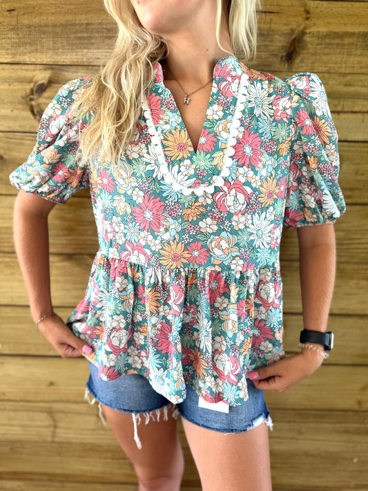 Bright Floral Soft Scallop Blouse