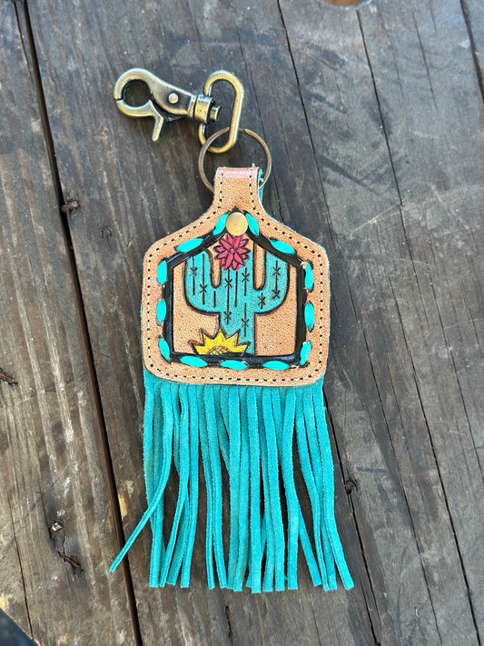 Fringe Cactus Leather EarTag Keychain