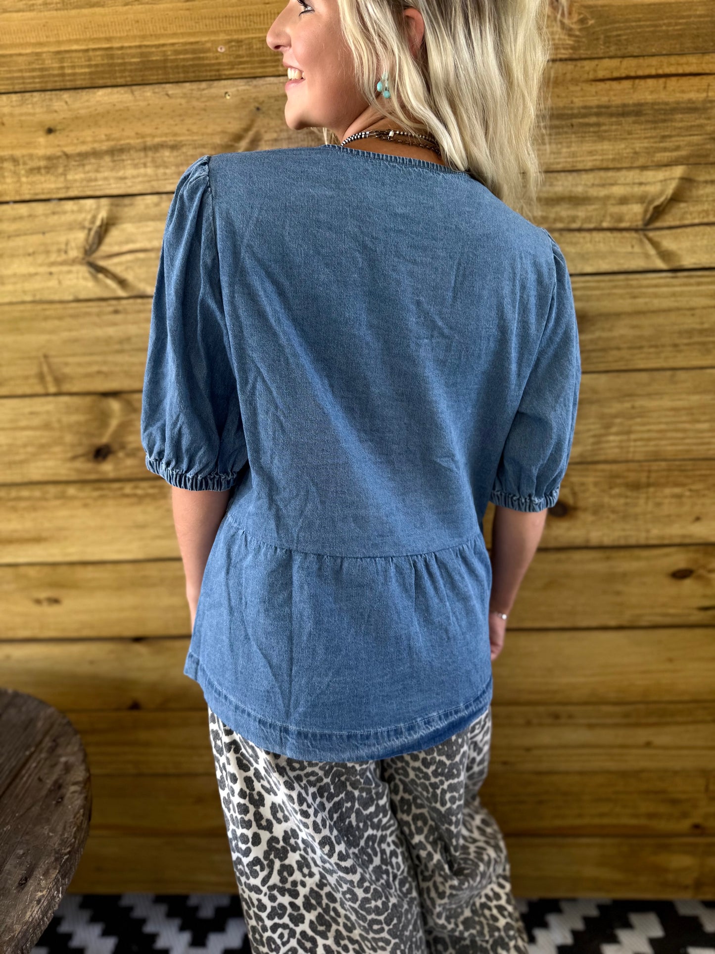 Denim Bubble Sleeve Bow Blouse