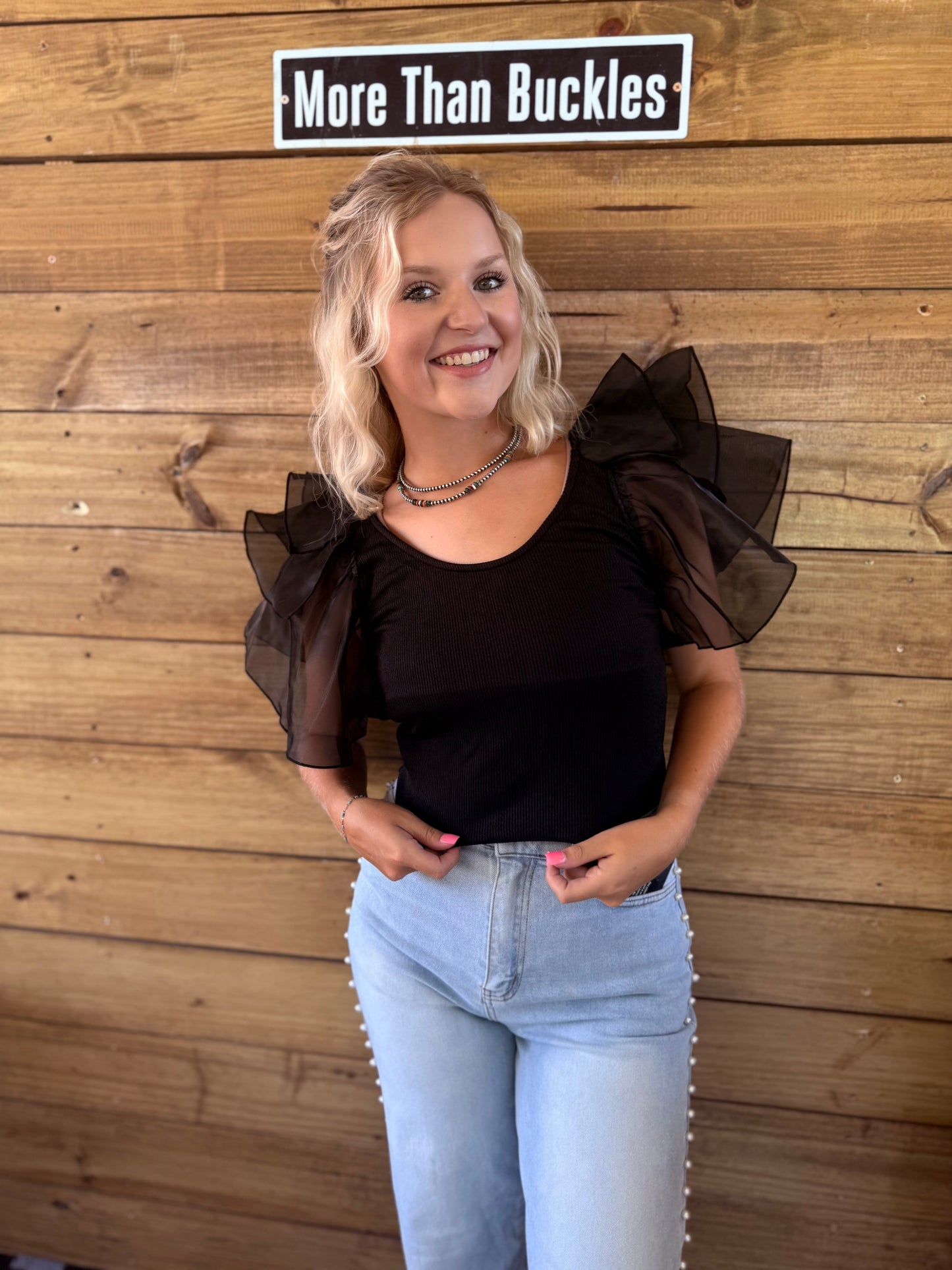 Black Tulle Ruffle Blouse