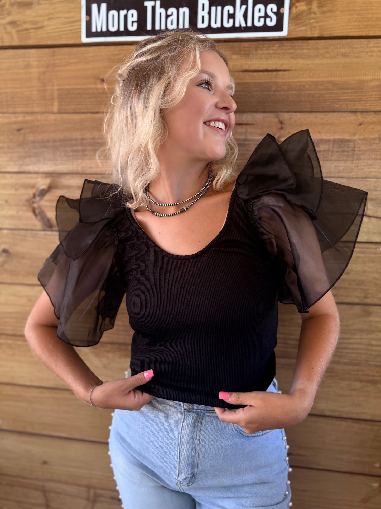 Black Tulle Ruffle Blouse