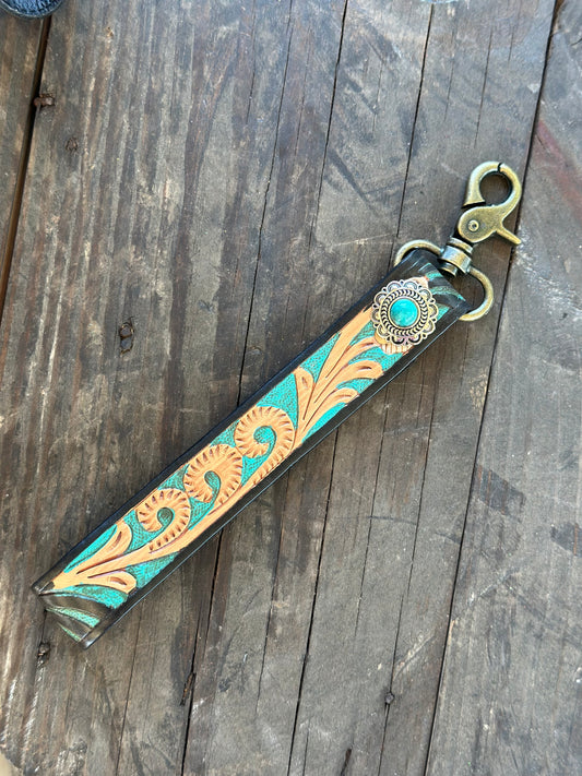 Turquoise Floral Leather Wristlet
