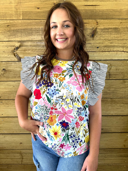 Vibrant Stripe Ruffle Blouse
