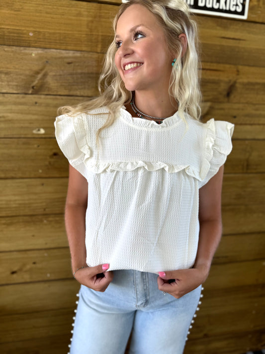 White Waffle Knit Ruffle Blouse