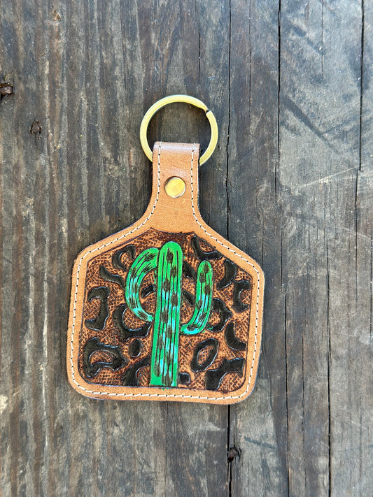 Cheetah Cactus Leather EarTag Keychain